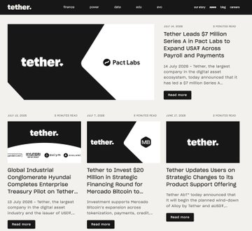 A Tether (USDT) news page showing multiple headlines including 'Tether Leads $7 Million Series A in Pact Labs', 'Tether to Invest $20 Million in Strategic Funding Round for Mercado Bitcoin', and corporate announcements.