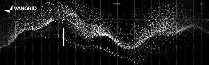 A black visualization showing scattered white dots forming wave-like patterns with the 'VANGRID' logo in the top left corner.