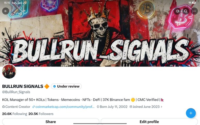 A Twitter/X profile for 'BULLRUN SIGNALS' (@BullRun_Signals) shows a skull king banner with bio text 'KOL Manager of 50+ KOLs | Tokens · Memecoins · NFTs · DeFi | 37K Binance fam' and 20.6K followers.