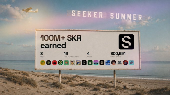 A 'SEEKER SUMMER' billboard by the beach displays '100M+ SKR earned' with stats: 8 weeks, 16 apps participating, 4 rounds, 300,691 reward earner, and various app logos.