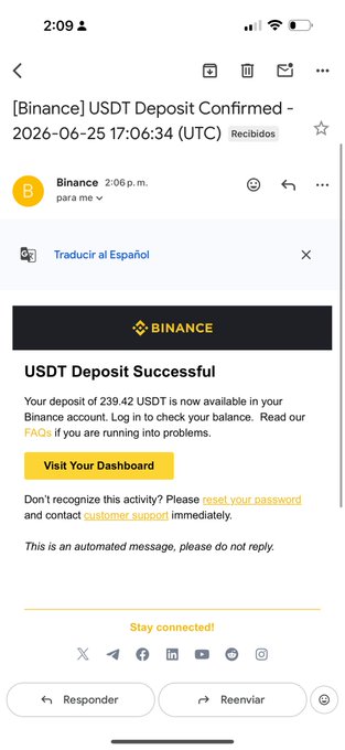 The image shows a Binance email confirming a successful USDT deposit of 239.42 to the recipient's account on June 25, 2026. This screenshot serves as proof of the cryptocurrency deposit mentioned in the post, where the user is offering the funds to help people in La Guaira buy water or supplies.