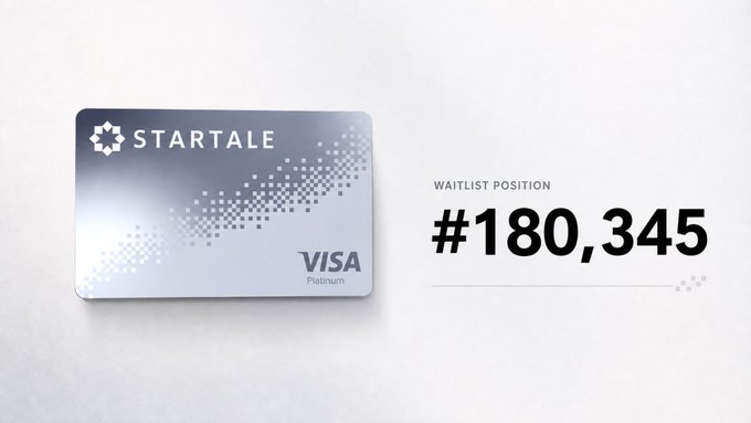 A sleek metallic "Startale Visa Platinum" crypto card sits beside bold text reading "WAITLIST POSITION #180,345," visually illustrating the high demand for the Japanese crypto card project backed by Sony, SBI, and Samsung with $70M raised.