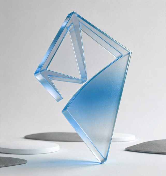 A 3D rendered abstract geometric sculpture made of translucent blue glass-like material, featuring angular triangular shapes, sitting on a white surface.