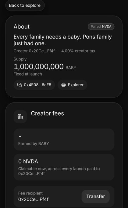 A mobile interface showing NFT details: 'Every family needs a baby. Pons family just had one' with a supply of 1,000,000,000 BABY tokens and creator fees listed as 0 NVDA.