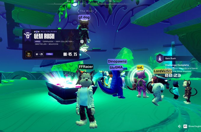 A screenshot from a multiplayer video game showing animal avatars (including FFRacer, Dinopawnz, saL, and LordVader) in a green surreal environment called 'The Wilds,' with an on-screen challenge to 'Collect 10 rewards and leave before the timer expires.'