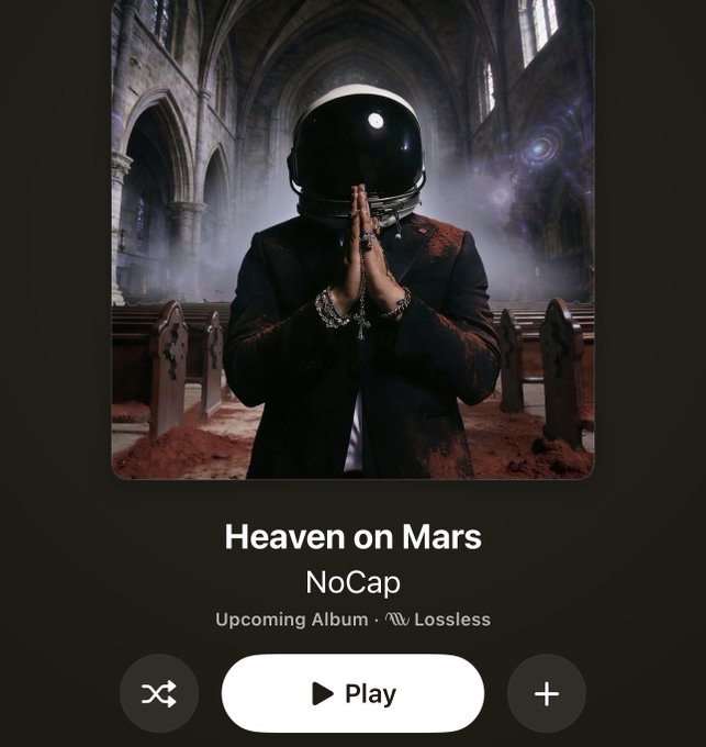 A music streaming app screenshot showing an album titled 'Heaven on Mars' by artist 'NoCap', featuring cover art of a figure in an astronaut helmet praying in a cathedral.