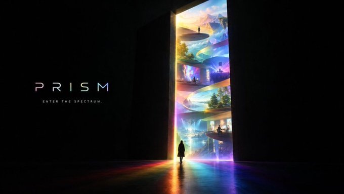 A dark promotional graphic with the text 'PRISM - ENTER THE SPECTRUM' next to an open doorway revealing a colorful, multi-layered interior with a silhouetted figure standing in front.
