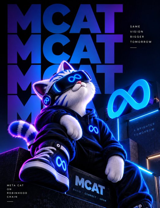 A promotional poster featuring Meta Cat (MCAT) mascot, an anthropomorphic cat wearing futuristic goggles and a hoodie, with text reading 'SAME VISION BIGGER TOMORROW', 'META CAT ON ROBINHOOD CHAIN', and 'MCAT BUILD - CONNECT - GROW'.
