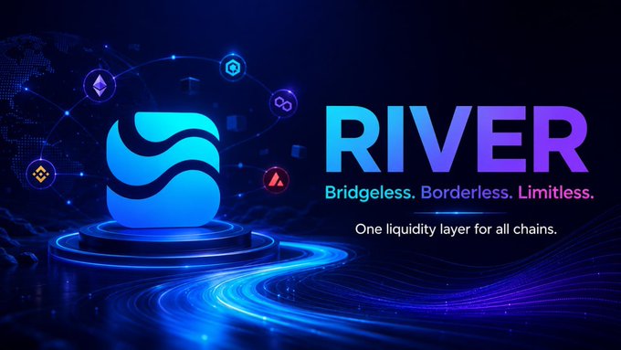 A promotional graphic for "RIVER" with the tagline "Bridgeless. Borderless. Limitless. One liquidity layer for all chains," featuring a blue water-themed logo and various cryptocurrency icons.