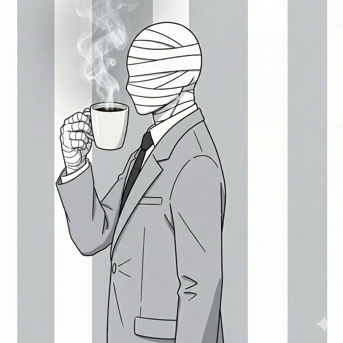 A minimalist illustration of a bandaged figure in a suit and tie holding a steaming cup of coffee against a striped gray background.