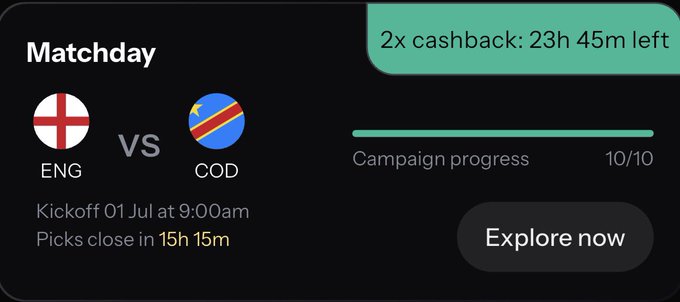 The image shows a "Matchday" promotional card for an England (ENG) vs. Congo DR (COD) game kicking off on July 1st at 9:00am, featuring a "2x cashback" offer with 23h 45m left, a completed 10/10 campaign progress, and an "Explore now" button. This relates to the post by highlighting the user's achievement of 10 correct picks in the World Cup, which has now completed their campaign progress and qualified them for a raffle to attend the World Cup final through KAST.