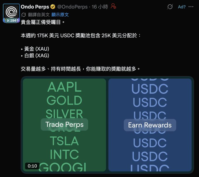 A Twitter/X post from @OndoPerps in Chinese announcing a campaign with a $175K USDC reward pool, including $25K allocated to Gold (XAU) and Silver (XAG), with tradeable assets AAPL, GOLD, SILVER, TSLA, INTC, GOOGL visible.