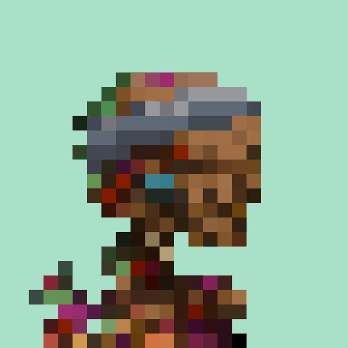A heavily pixelated portrait image of a figure against a light teal background.