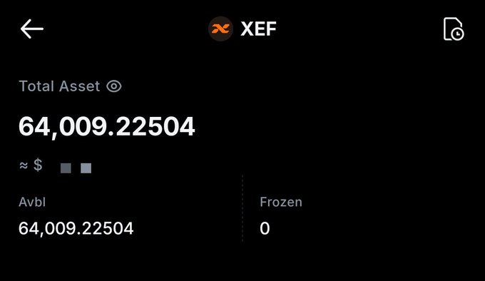 The image displays a crypto wallet interface showing a total asset balance of 64,009.22504 XEF tokens, with an available balance matching the total and 0 frozen. This visually confirms the user's $XEF airdrop holdings, supporting their post about receiving the token and exploring further opportunities like USDT Vault staking on xax.trading.