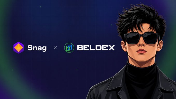 A promotional banner showing a partnership between Snag and Beldex, featuring an illustrated man with dark hair and sunglasses.