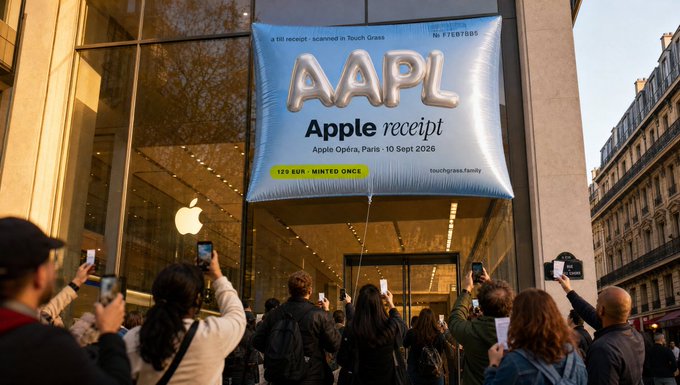 A large crowd gathers outside an Apple Store in Paris beneath a giant inflatable banner shaped like a blue shopping bag reading "AAPL: Apple receipt — Apple Opéra, Paris • 10 Sept 2026," with people holding up phones to scan a digital receipt NFT promotion, echoing the post's description of a limited, location-based NFT receipt drop tied to Apple's stock ticker.