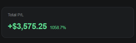 A dark dashboard panel displays a "Total P/L" of **+$3,575.25**, representing a **1058.7%** gain shown in green text. The image reflects the poster's celebration of $SUI's strong performance after a "long drought," visualizing the impressive returns that prompted their gratitude.