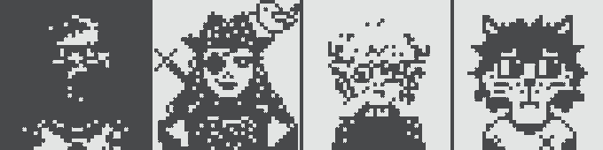 A pixel art depiction of four characters in alternating dark and light panels, including figures with horns, a crown, and a headdress, rendered in a retro video game style.