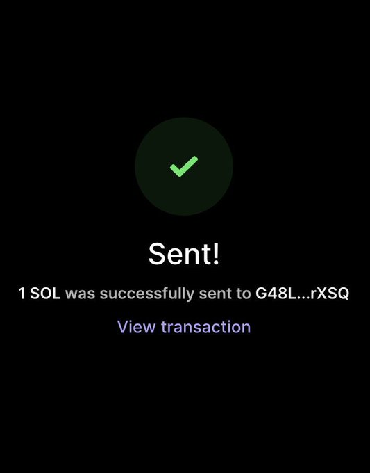 A confirmation screen displays a green checkmark above the message "Sent!" with text indicating "1 SOL was successfully sent to G48L...rXSQ" and a "View transaction" link, verifying the 1 SOL tip mentioned in the post to user @Renkidyor.