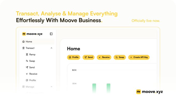 A clean, minimalist landing page for "moove xyz" with the headline "Transact, Analyse & Manage Everything Effortlessly With Moove Business," showcasing a dashboard interface with Home, Transact, Send, Receive, Profile, and Manage options.