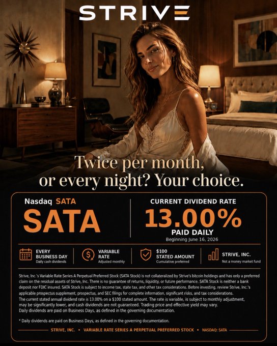 An advertisement for 'STRIVE' featuring a woman in a bedroom, promoting a 'SATA' preferred stock with a 13.00% variable rate paid daily and a $100 stated amount, alongside the tagline 'Twice per month, or every night? Your choice.'