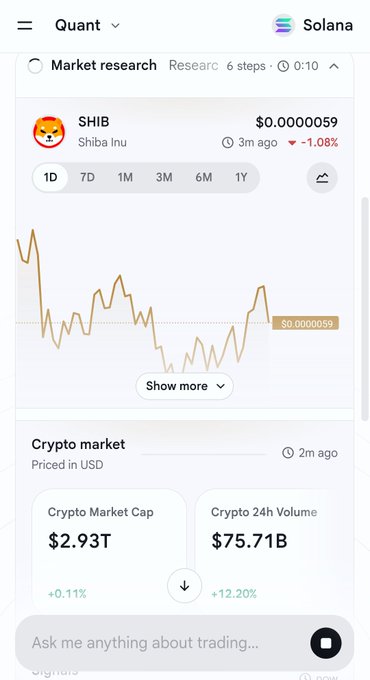 A mobile app screenshot showing SHIB (Shiba Inu) crypto price data at $0.00000059 with a -1.08% change, alongside a Crypto Market Cap of $2.93T and Crypto 24h Volume of $75.71B, branded with Solana logo.