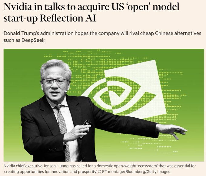 A news headline reading 'Nvidia in talks to acquire US open model start-up Reflection AI' with a subheadline about Donald Trump's administration hoping the company rivals DeepSeek, featuring a photo of Nvidia CEO Jensen Huang presenting.