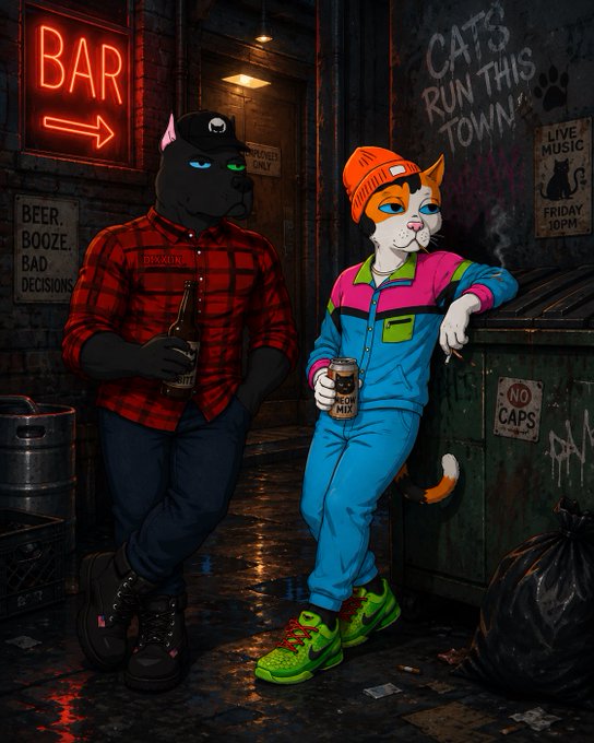An illustration of two anthropomorphic cats in a gritty alley bar setting; a black cat in a plaid shirt holds a beer, and an orange-and-white cat in a tracksuit smokes a cigarette, with signs reading 'BAR', 'CATS RUN THIS TOWN', and 'NO CAPS'.