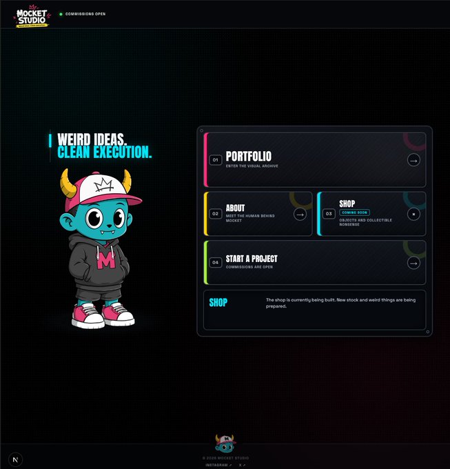 A website design for 'Mockey Studio' featuring a blue devil mascot character and the tagline 'WEIRD IDEAS. CLEAN EXECUTION.' with navigation buttons for Portfolio, About, Shop, and Start a Project.