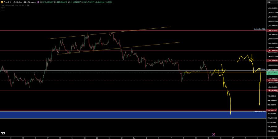 A TradingView candlestick chart of Zcash (ZEC/USD) on Binance showing a sharp price decline with yellow trendlines drawn on the chart.
