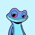 A small digital illustration of a blue lizard or gecko character with large red eyes on a light blue background.