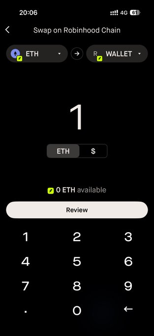 A Robinhood Chain swap interface on a mobile phone showing a transaction to send 1 ETH from a wallet, with a numeric keypad and 0 ETH available balance.