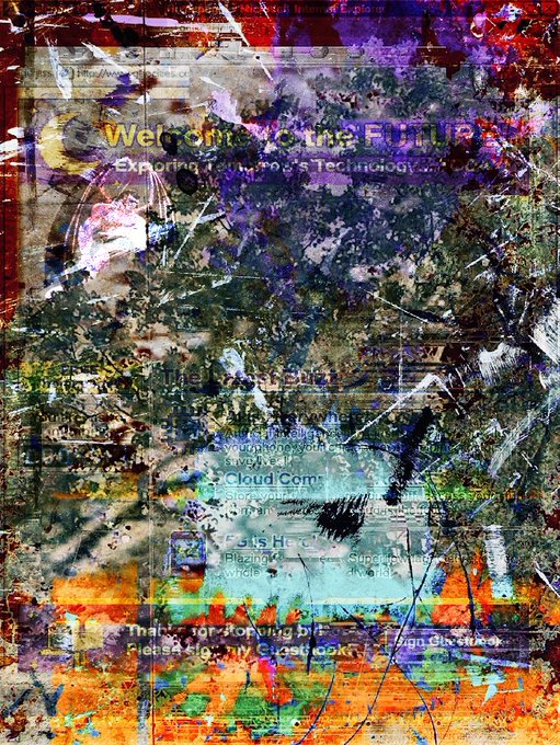 An abstract mixed-media artwork with chaotic splashes of color features the prominent text 'Welcome to the FUTURE' and 'Exploring Tomorrow's Technology'.