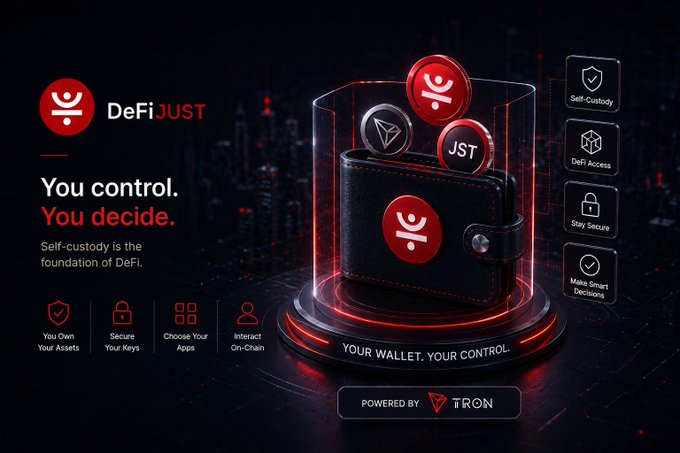 DeFiJUST promotional graphic featuring a black wallet in a glass display case with cryptocurrency tokens, powered by TRON.