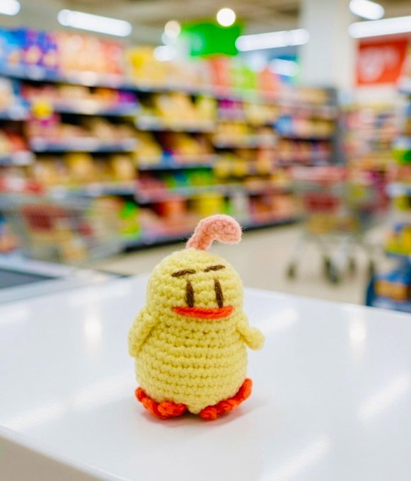 A small yellow crocheted chick figure with a pink tuft and orange feet sits on a white surface in what appears to be a blurred grocery store aisle.