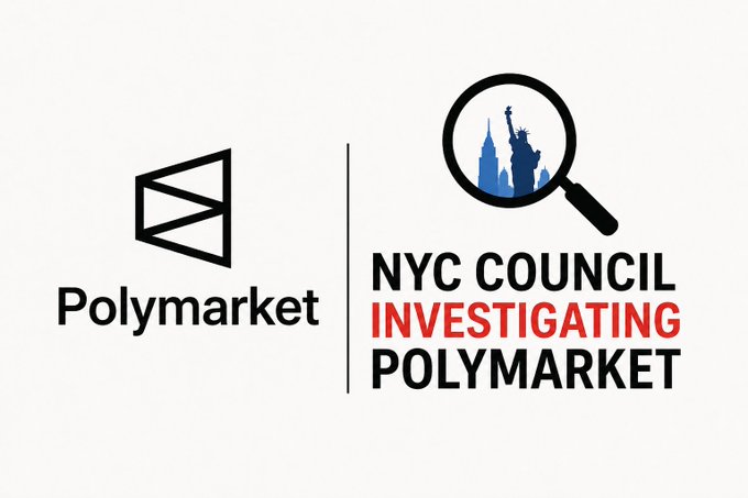 The image features the Polymarket logo alongside text reading "NYC COUNCIL INVESTIGATING POLYMARKET," accompanied by a magnifying glass icon over a silhouette of the Statue of Liberty, illustrating the news that the New York City Council is probing the prediction platform's marketing practices amid concerns over youth targeting and simulated trades.