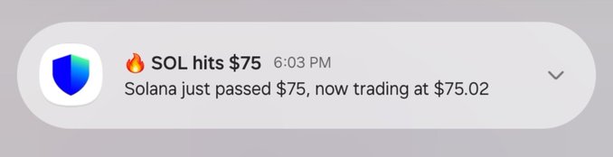A notification from a crypto wallet (featuring a blue shield icon) alerts that "SOL hits $75" at 6:03 PM, stating "Solana just passed $75, now trading at $75.02." The image humorously illustrates the poster's frustration that the wallet app prioritized a price alert over notifying them about an actual SOL transaction in their account.