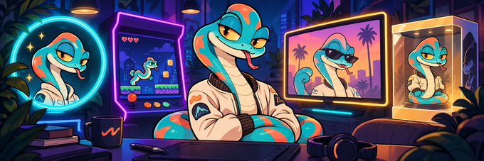 A colorful digital illustration of a snake character in a hoodie sitting at a desk, with screens and merchandise displays around them.