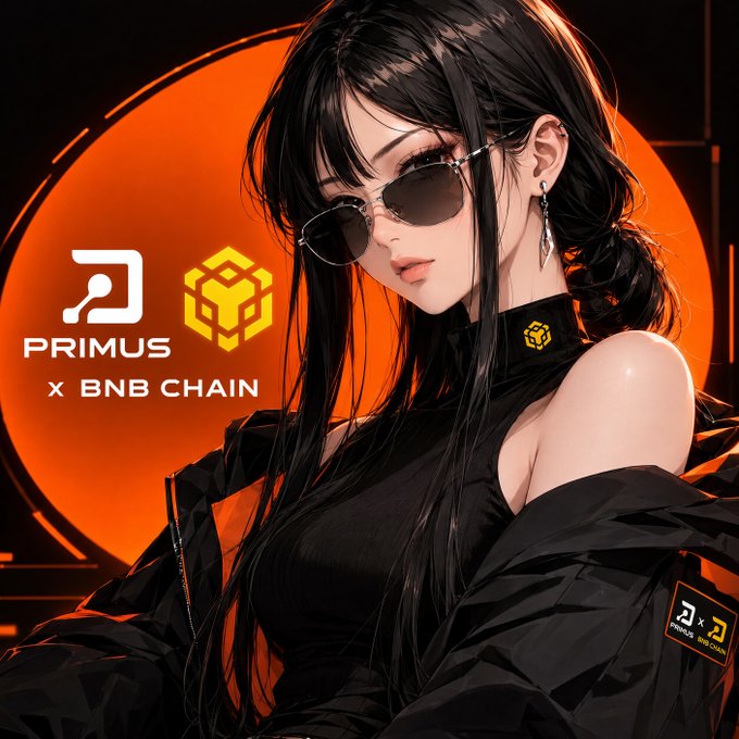 A stylized black-haired woman in sunglasses appears in a PRIMUS x BNB CHAIN promotional graphic, with the logos and text visible on an orange-and-black background.