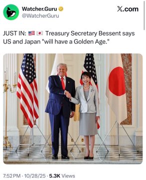 The image is a tweet from Watcher.Guru (@WatcherGuru) posted on 10/28/25, showing US President Donald Trump shaking hands with Japanese Prime Minister Sanae Takaichi in front of US and Japanese flags, with the headline: "JUST IN: Treasury Secretary Bessent says US and Japan 'will have a Golden Age.'"

The post suggests this US-Japan diplomatic meeting could signal simultaneous progress on Ripple's RCT and SEC Clarity, implying regulatory developments may align with the strengthening US-Japan economic relationship.
