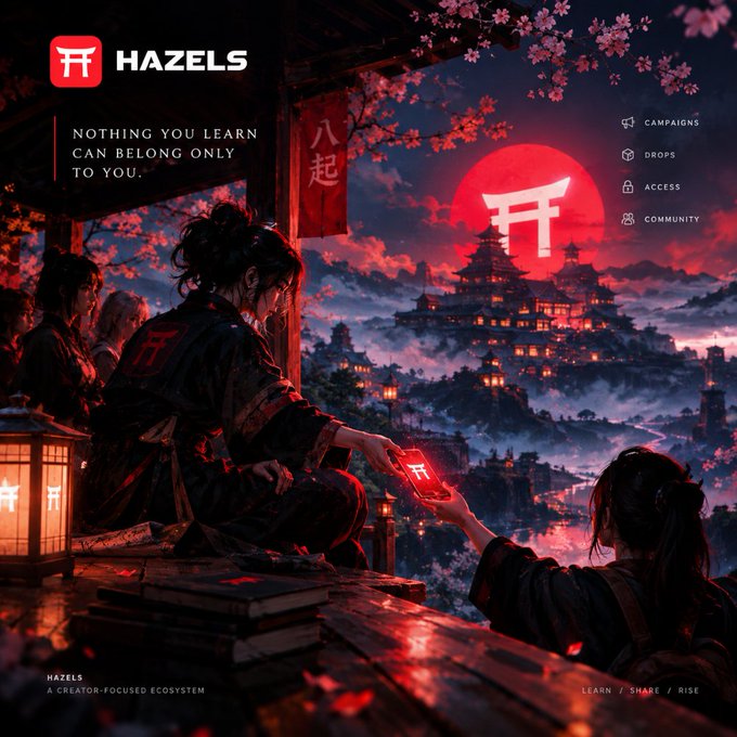 A stylized promotional graphic for 'HAZELS' featuring anime-style characters in a Japanese setting with red moon and castle, displaying text 'NOTHING YOU LEARN CAN BELONG ONLY TO YOU' and navigation options including CAMPAIGNS, DROPS, ACCESS, and COMMUNITY.