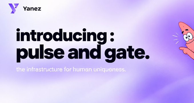 The image is a promotional graphic for Yanez featuring the headline "introducing: pulse and gate." with the tagline "the infrastructure for human uniqueness." The design has a purple wavy background with a cartoon pink character peeking from the right side, visually aligning with the post's discussion of Yanez's Pulse system, which enables AI agents to handle tasks while keeping humans in control of sensitive transactions.