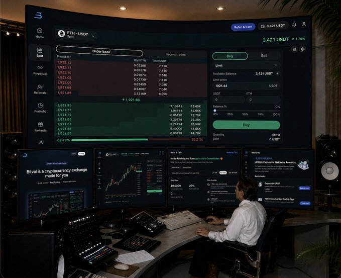 A person sits at a desk with multiple monitors showing cryptocurrency trading interfaces, including an order book for ETH-USDT and a 'Bitval' exchange screen.