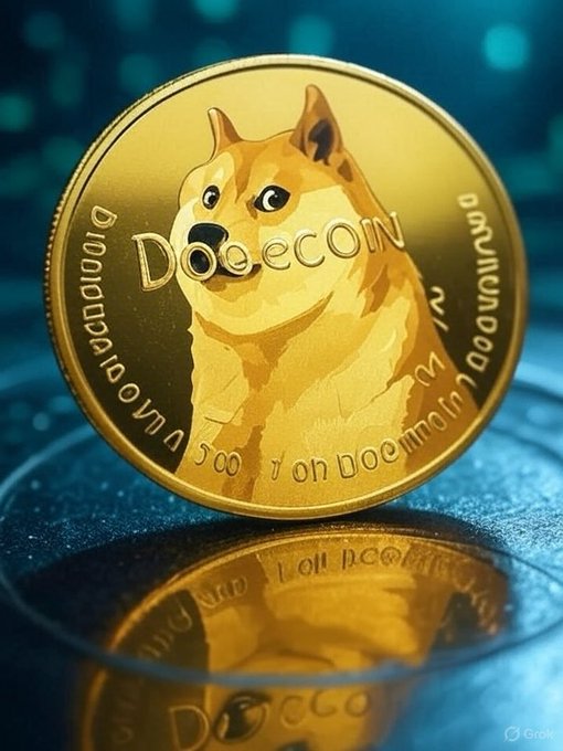Gold-colored Dogecoin commemorative coin featuring the Shiba Inu dog illustration with 'DogeCoin' text.