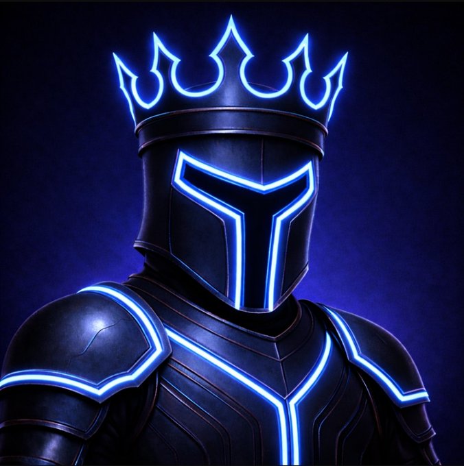 A digital illustration of a knight wearing dark armor with glowing blue neon accents, including a spiked crown and T-shaped visor on the helmet.