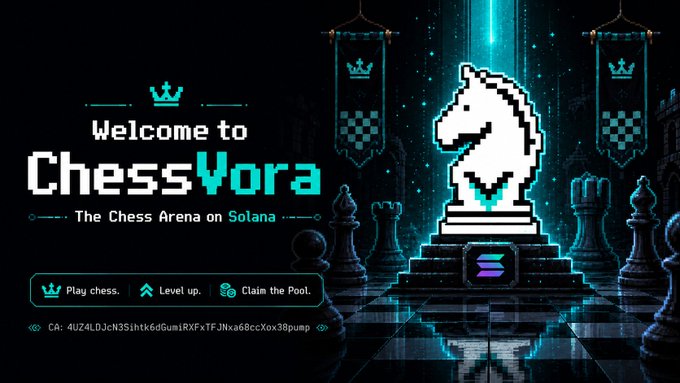 A promotional banner for 'ChessYora — The Chess Arena on Solana' features a pixel-art white knight chess piece on a pedestal, with the tagline 'Play chess. Level up. Claim the Pool.' and a Solana contract address (CA: 4Uz4LDJcN35ihtk6dGumRXFxTFJNxa68ccXox36pump).