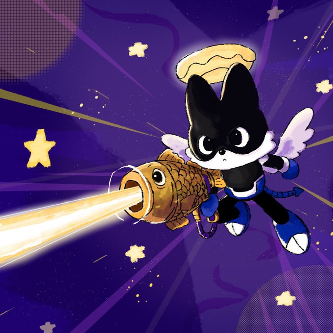 An illustration of a black and white cartoon cat character with angel wings and a halo, flying through a purple starry sky while wielding a large gold gun.