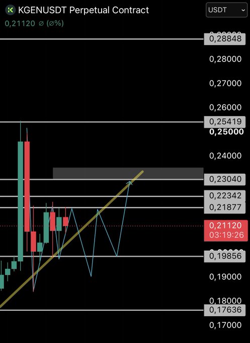 A candlestick chart of the KGENUSDT perpetual contract showing the price at 0.21120 USDT (0% change) at 03:19:26, with visible price levels ranging from 0.17000 to 0.28848. The chart illustrates the trading range described in the post, with key support at 0.19856 and resistance zones around 0.23040–0.25419, where the team is accumulating and distributing.
