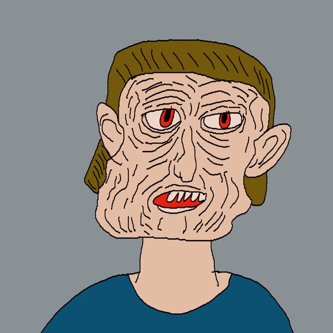 A crude cartoon-style digital drawing of an older man with deep wrinkles, red eyes showing teeth, brown hair, and large ears, wearing a blue shirt against a gray background.