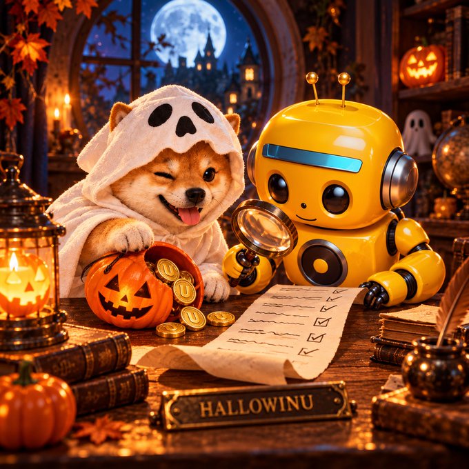 AI-generated Halloween scene featuring a dog in a ghost costume and a yellow robot inspecting a checklist, with a "HALLOWINU" nameplate and jack-o'-lanterns.
